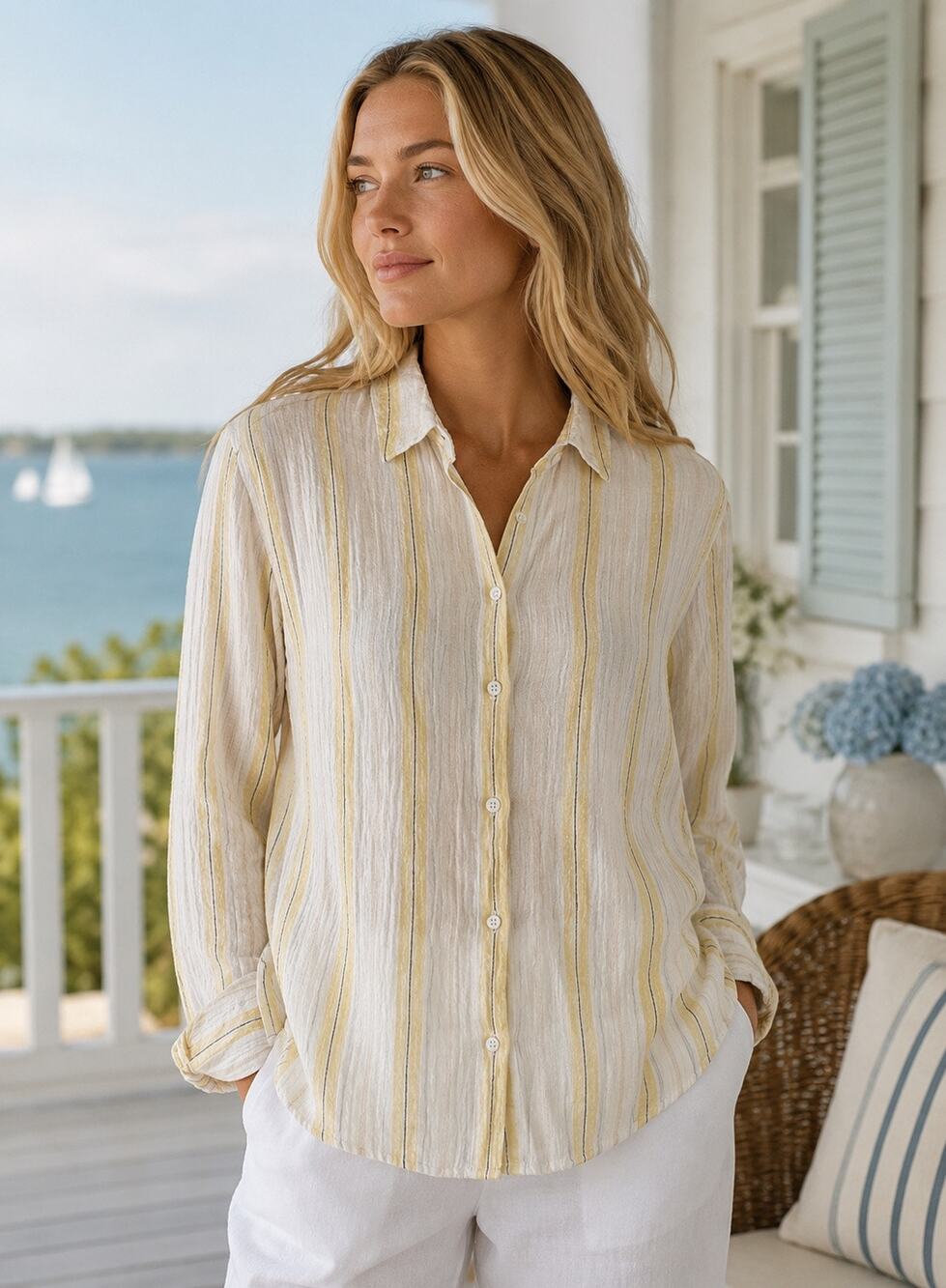 Outerknown Costa Linen Blend Button Up Shirt Yellow White Stripe Size Medium NWT